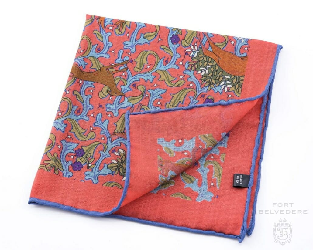 Salmon Silk-Wool Pocket Square with Hunting Print Motifs - Fort Belvedere