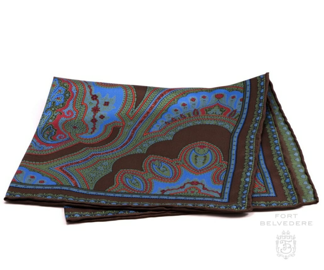 Silk Pocket Square in Brown with Blue, Green, Red Large Paisley Pattern- Fort Belvedere