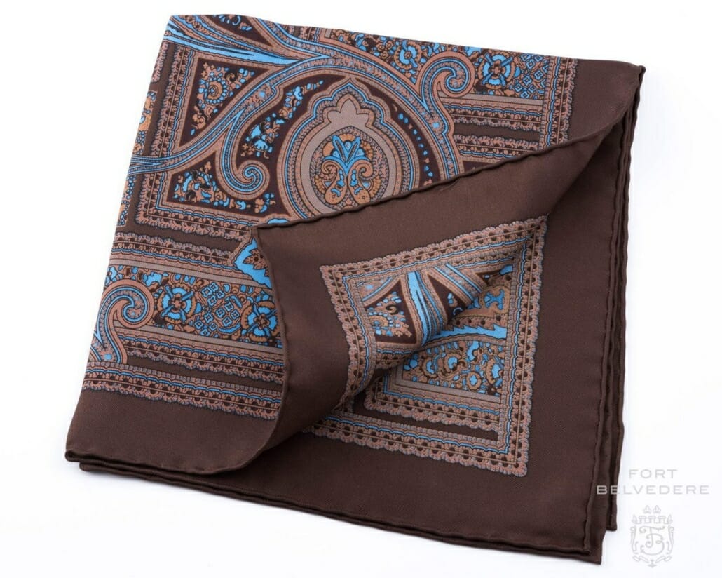Silk Pocket Square in Brown with Blue Paisley - Fort Belvedere