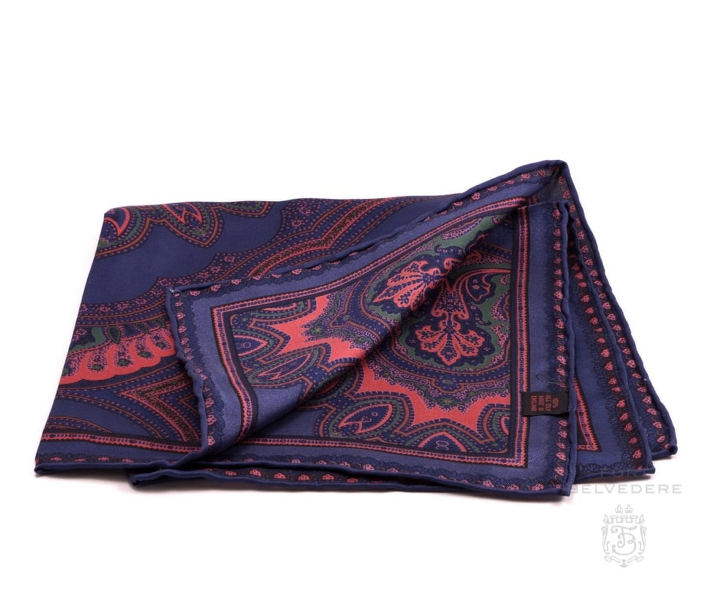 Silk Pocket Square in Dark Blue with Orange, Green Large Paisley Pattern- Fort Belvedere