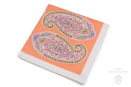 Silk Pocket Square in Orange, Blue, Green,Red and White with Large Paisley Pattern - Fort Belvedere