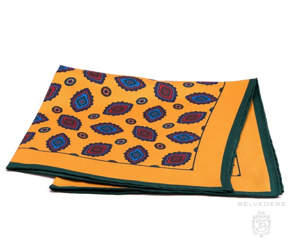 Silk Pocket Square in Yellow with Diamond Motif and Green Contrast Edge - Fort Belvedere