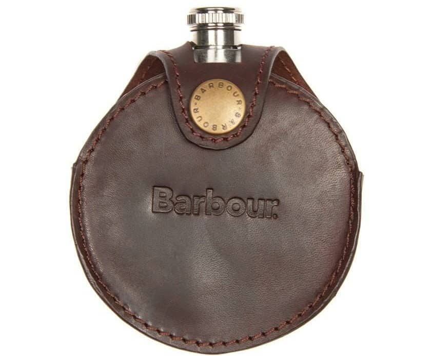 The round hip flask with a leather cover by Barbour