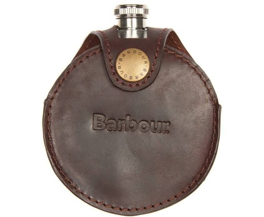 The Round Hip Flask With A Leather Cover By Barbour The round hip flask with a leather cover by Barbour