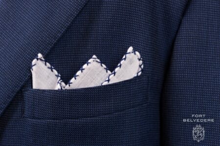 White Linen Pocket Square with Navy Blue Handrolled X Stitch - Fort Belvedere