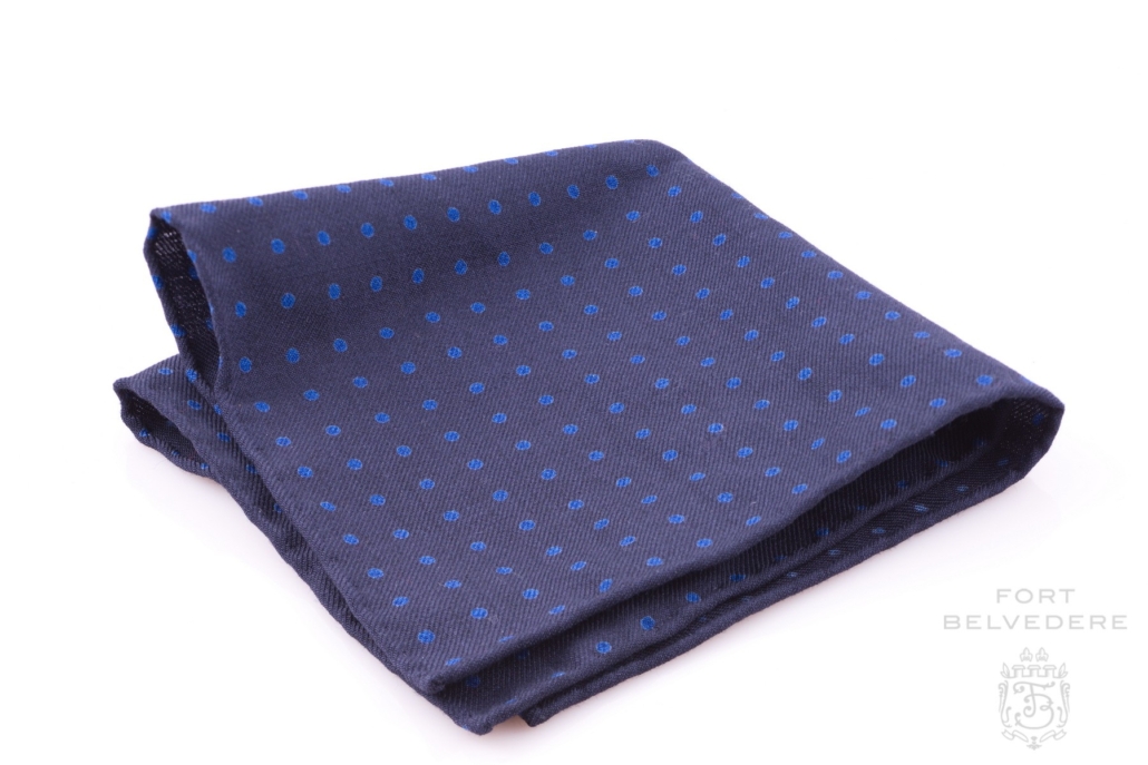Wool Challis Pocket Square in Navy with Blue Polka Dots Fort Belvedere