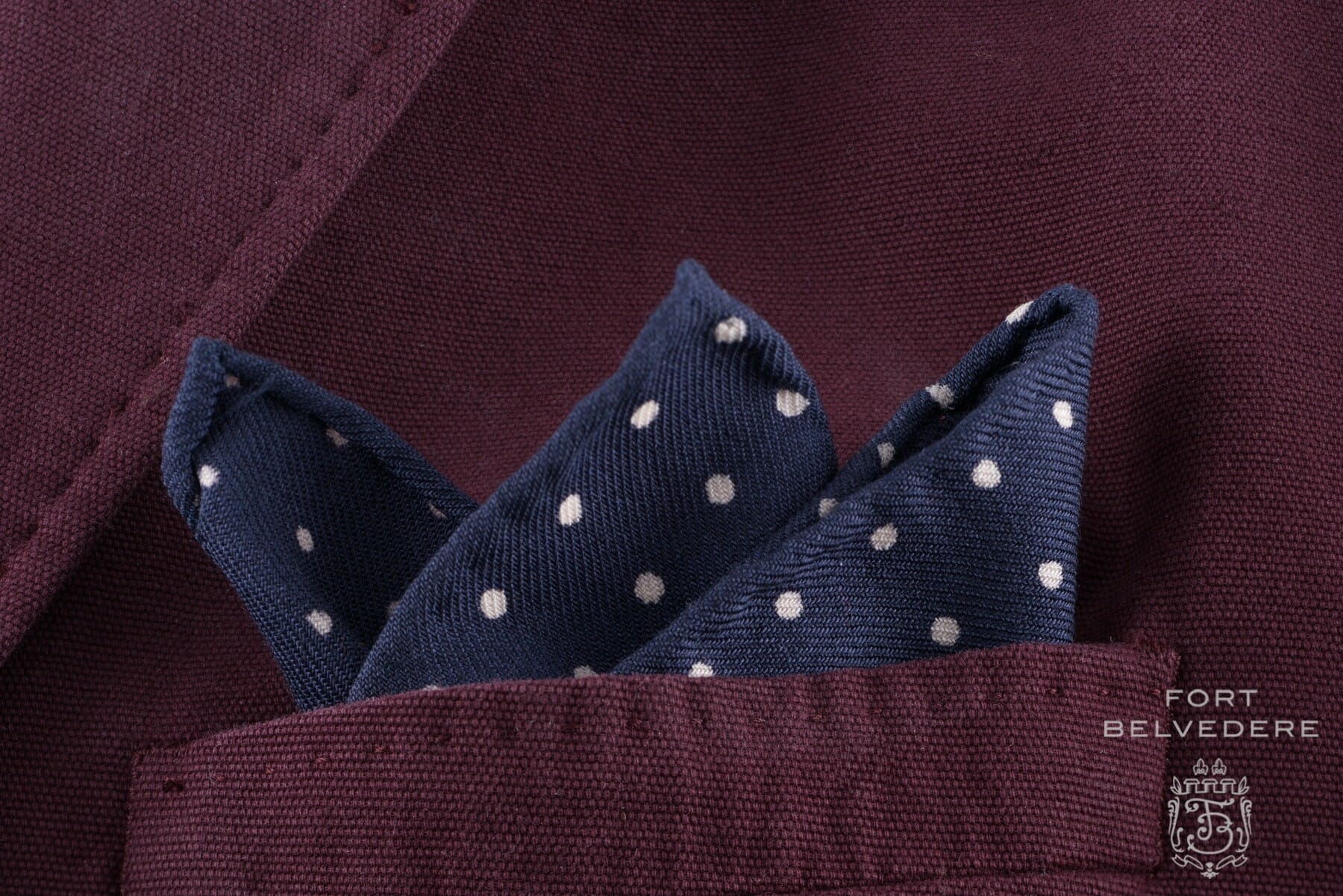 Wool Challis Pocket Square in Navy with White Polka Dots - Fort Belvedere