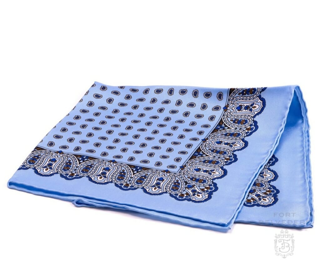 Silk Pocket Square in Light Blue with Small and Large Paisley - Fort Belvedere