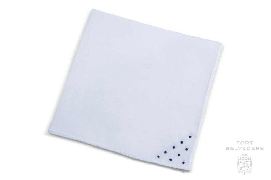 White Linen Pocket Square with Blue Hand Embroidered Polka Dots Spots - Fort Belvedere