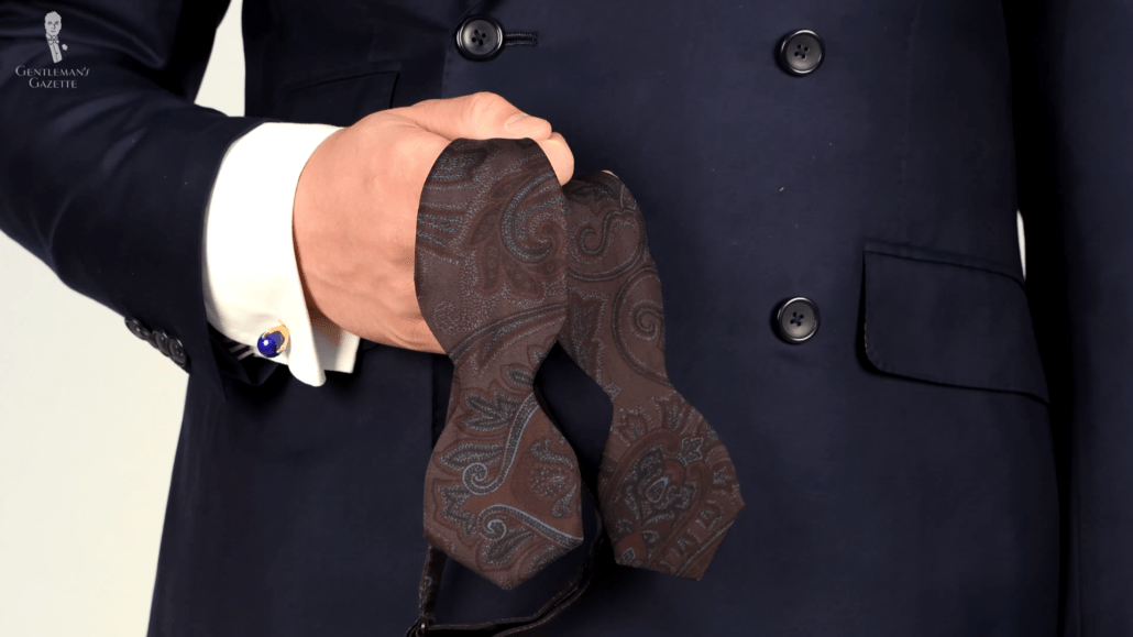 Brown and pale blue paisley bow tie