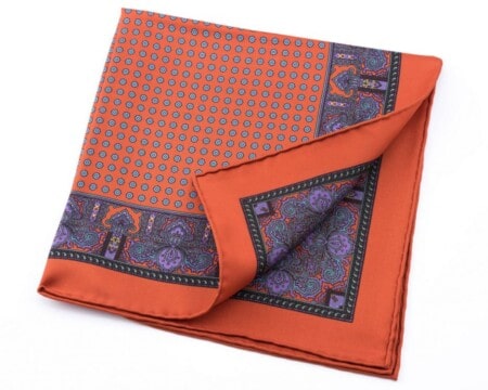 Burnt Orange Silk Pocket Square with Dotted Motifs and Paisley