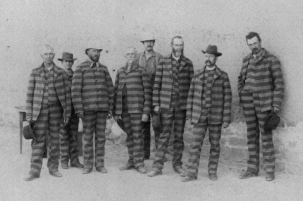 A group of convicts in the Utah Penitentiary, 1880s.