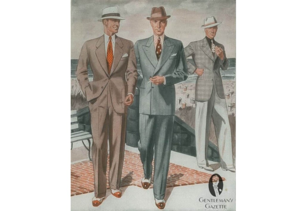 Summer suits in brown & pinstripes with spectators + odd jacket summer combination