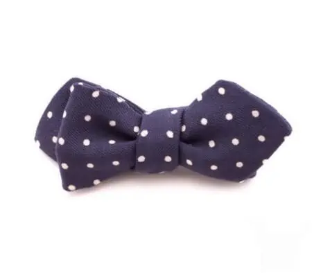 Wool Challis Bow Tie in Navy with White Polka Dots and Pointed Ends - Fort Belvedere