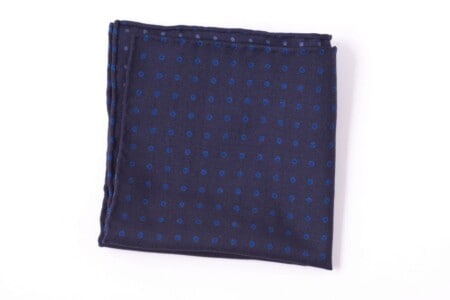 Wool Challis Pocket Square in Navy with Blue Polka Dots on a white background