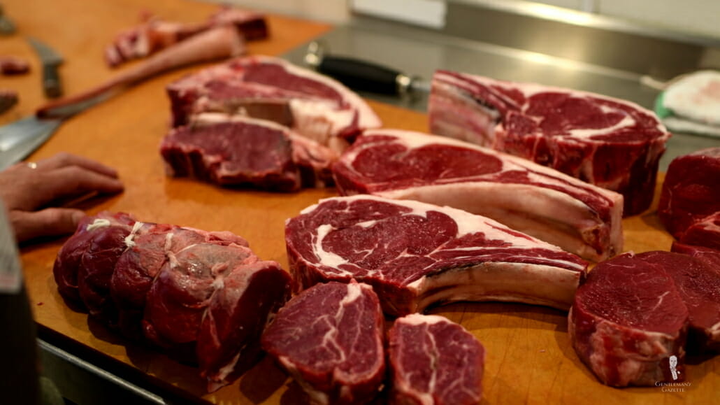Assortment of different types of steak and cuts at the butcher