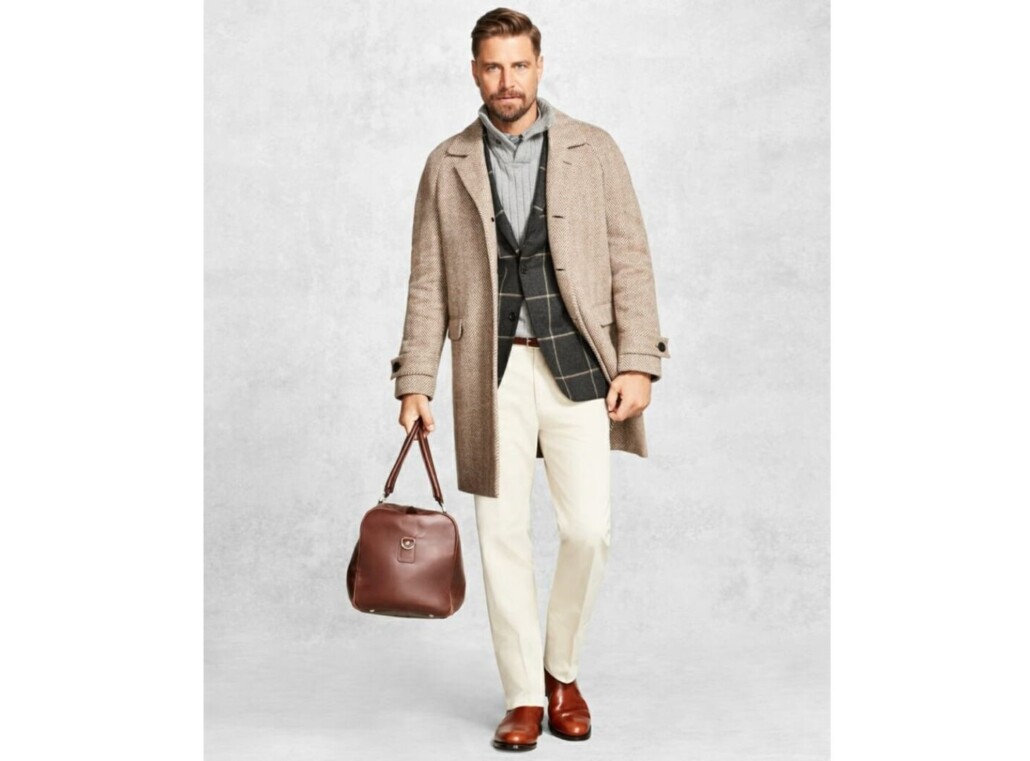 Brooks Brothers Golden Fleece stone trousers worn in a cold or cool weather outfit including grays.