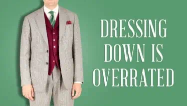 Raphael n light gray suit, burgundy red vest, green and red stripe tie and red pocket square