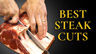 A close-up of Raphael cutting a large steak with a knife; text reads, "Best Steak Cuts"