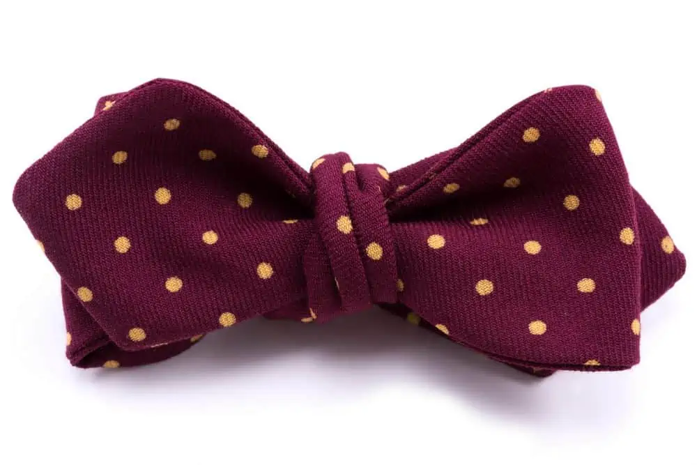 Wool Challis Bow Tie in Burgundy Red with Yellow Polka Dots and Pointed Ends