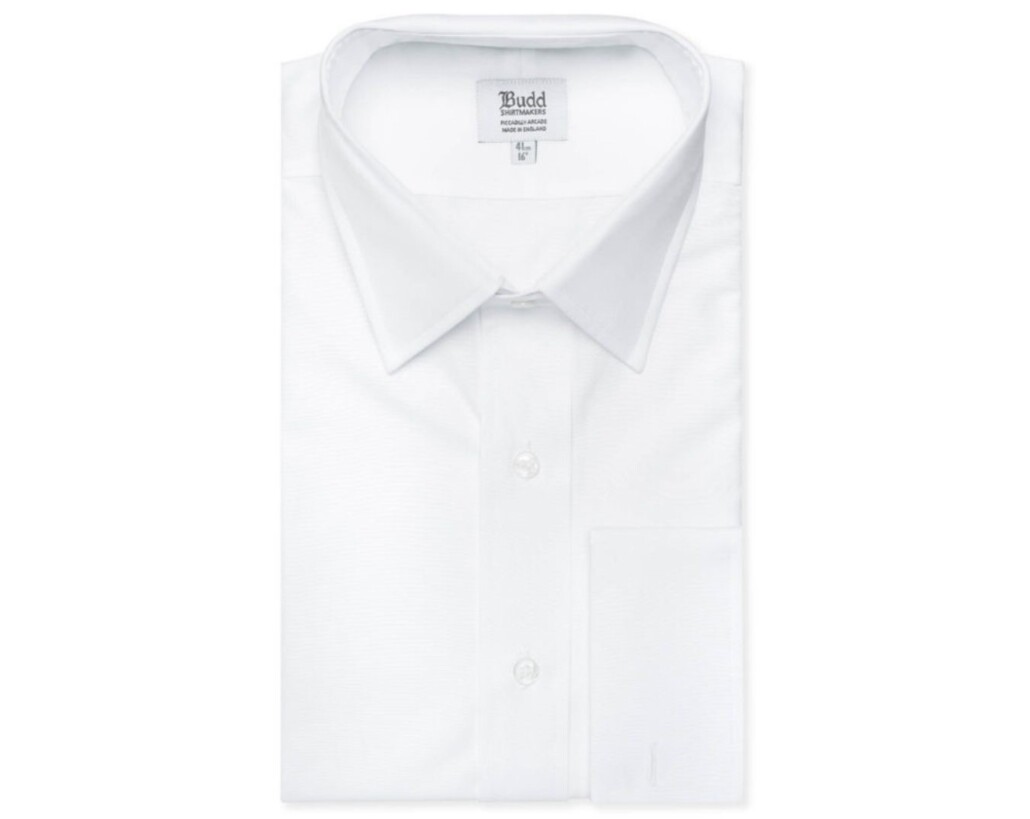 A white French cuff dress shirt with mother of pearl buttons
