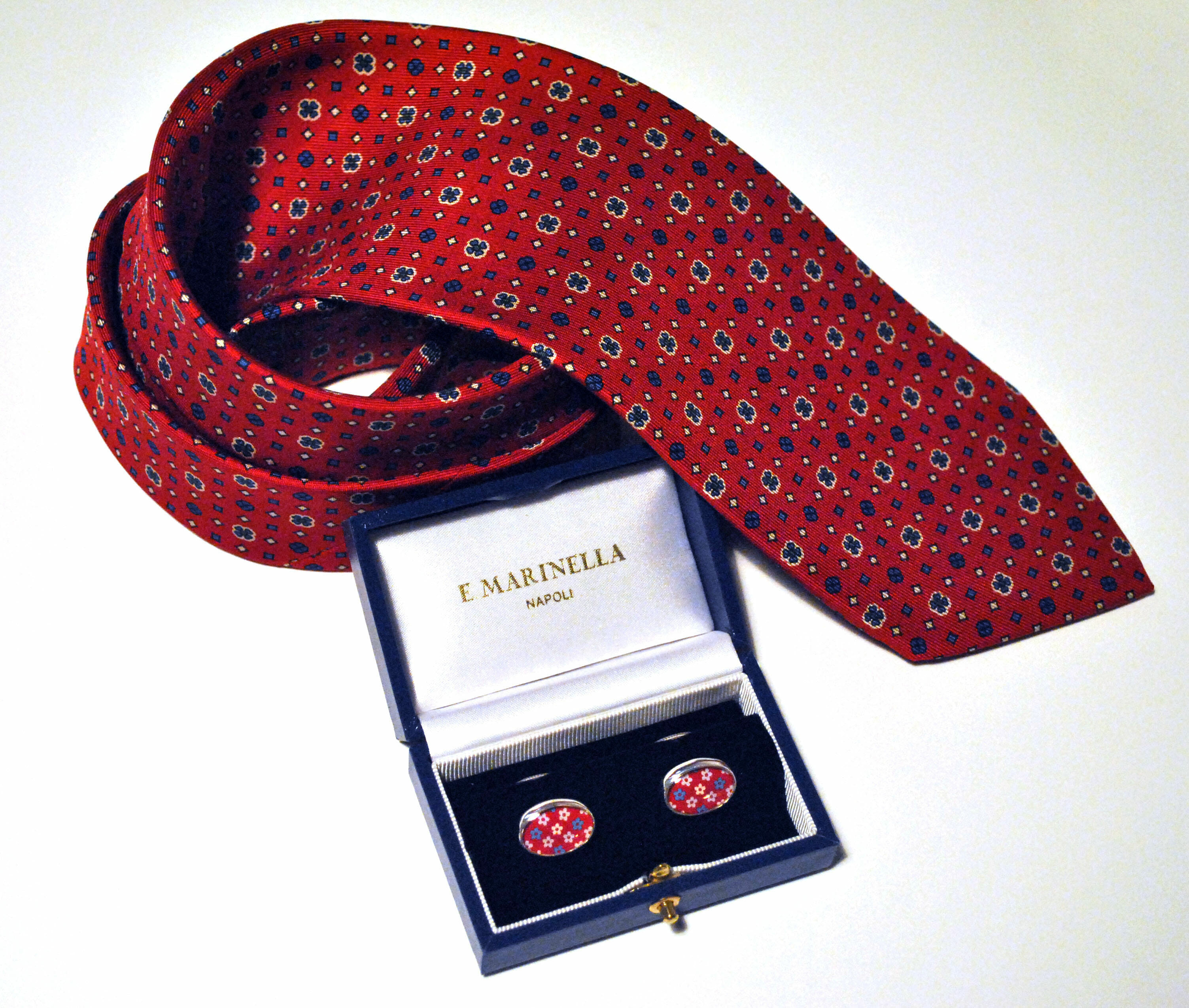 A necktie and corresponding cufflinks from E. Marinella in Naples.