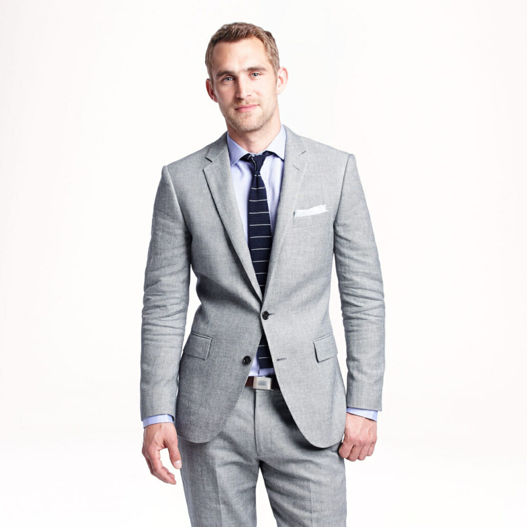 A standard J.Crew gray Ludlow suit with narrow lapels
