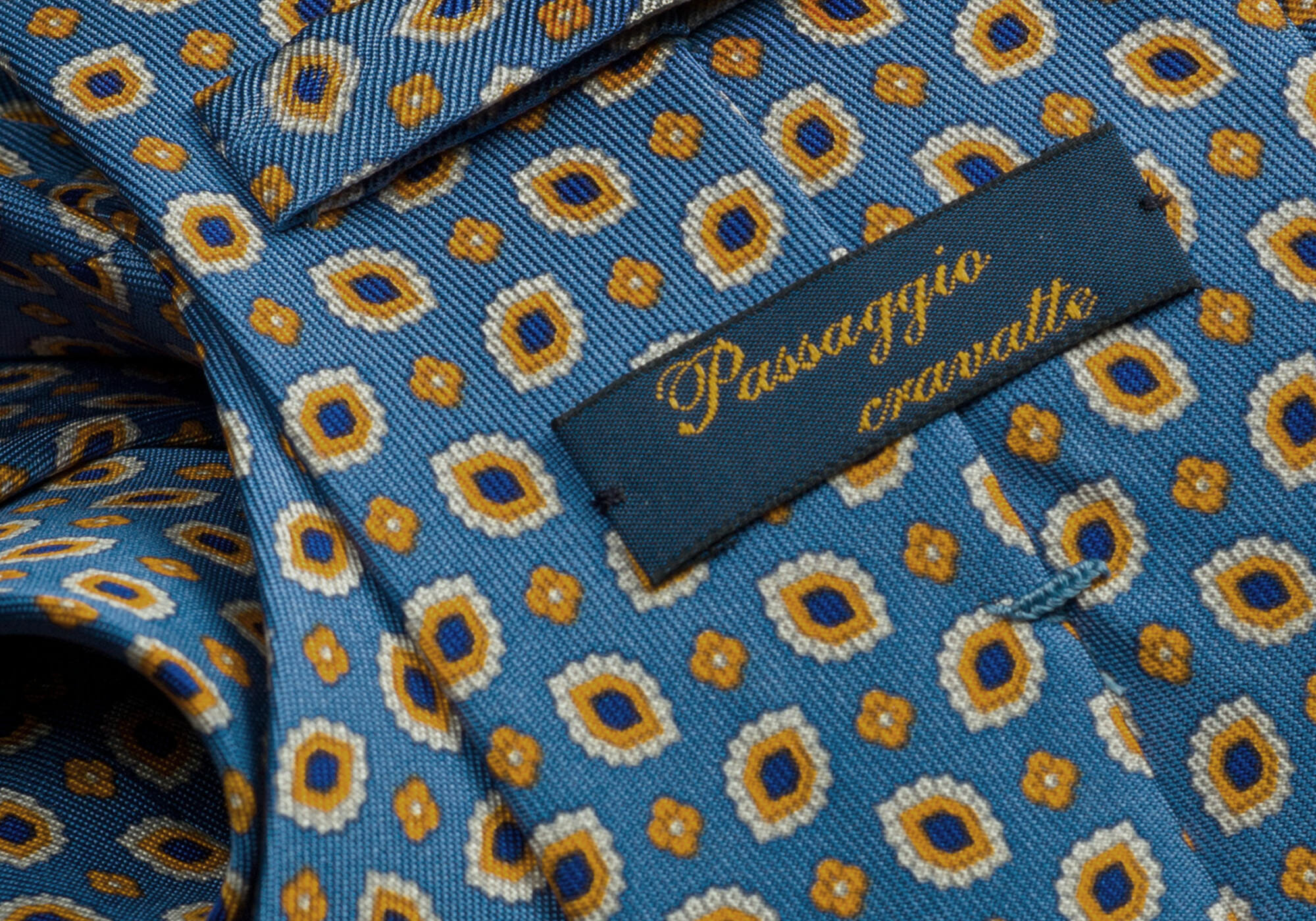 A close-up of the handiwork on a necktie from Passaggio Cravatte.