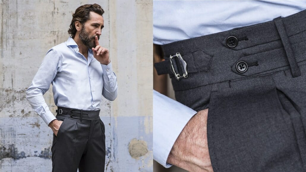 Grey Flannel Trousers With Side Adjusters — Bespoke Tailor for Custom Suits  & Shirts.
