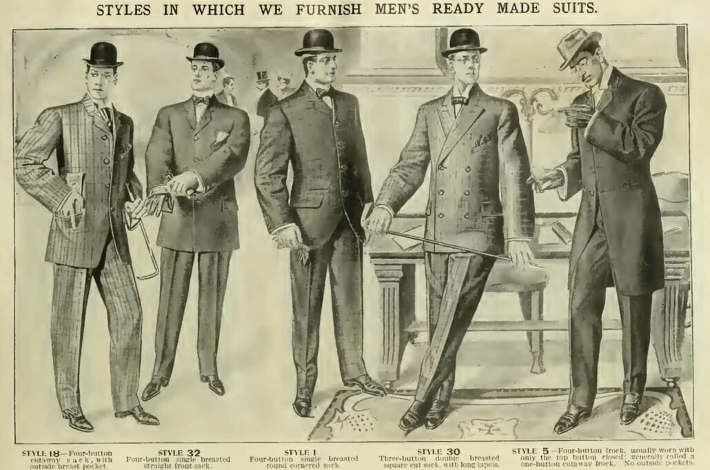 A variety of sack suits, offered in a 1906 Sears catalog.