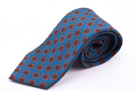 Wool Challis Tie in Turquoise with Gray, Orange, Navy and Yellow Pattern
