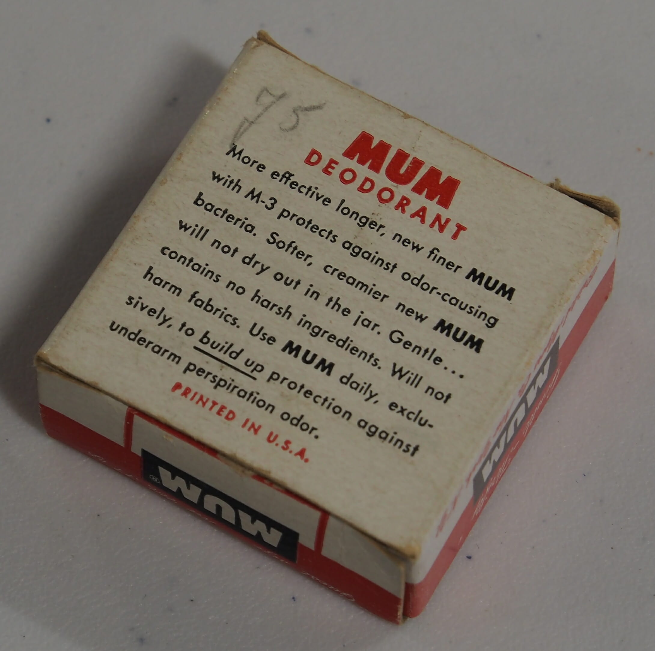 The back of a vintage package of Mum deodorant, explaining its uses.