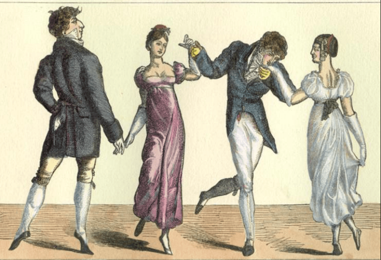 A pair of Regency gents at a ball wearing slippers