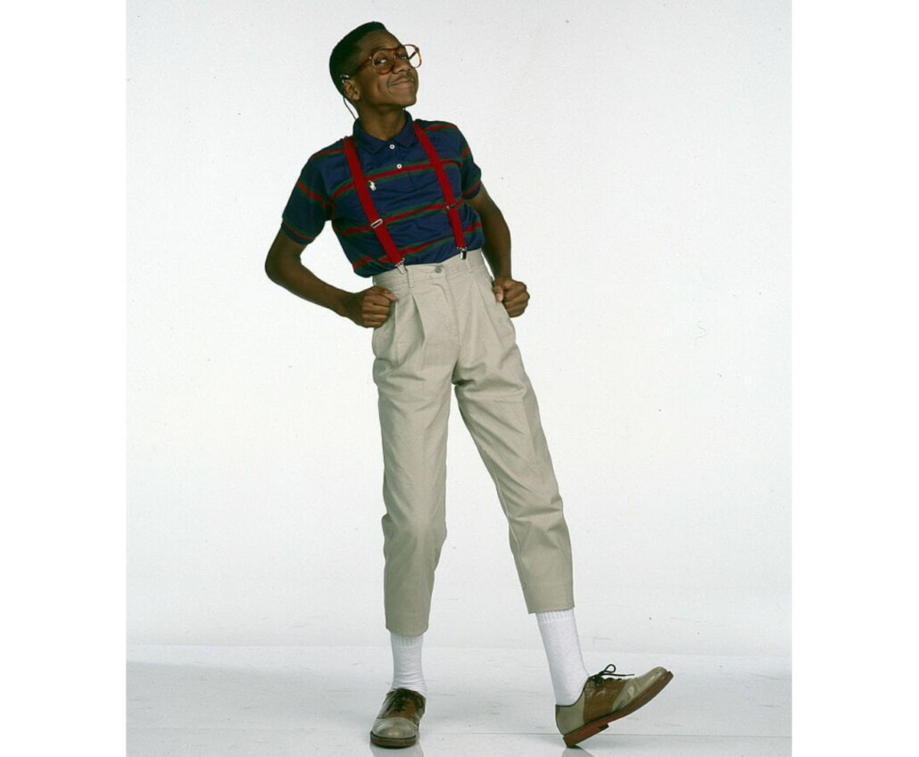 Steve Urkel's high-rise, outward-facing pleated pants were a wearable caricature of his nerdiness; they do accentuate the length of his legs, however