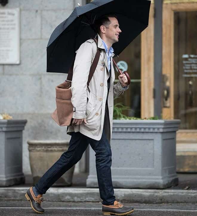 Hespokestyle's Brian Sacawa wearing L.L. Bean "duck shoes" in rainy weather.