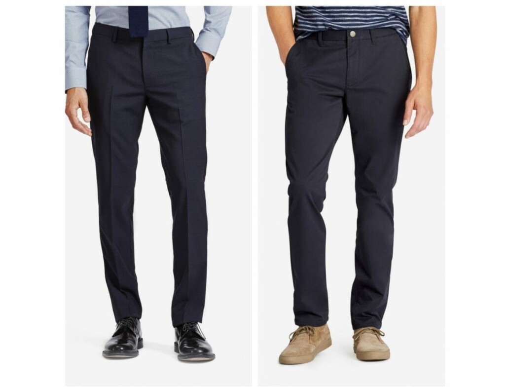 Dress pants (left) with a distinct crease; chinos (right) with more evident seam details and no crease.