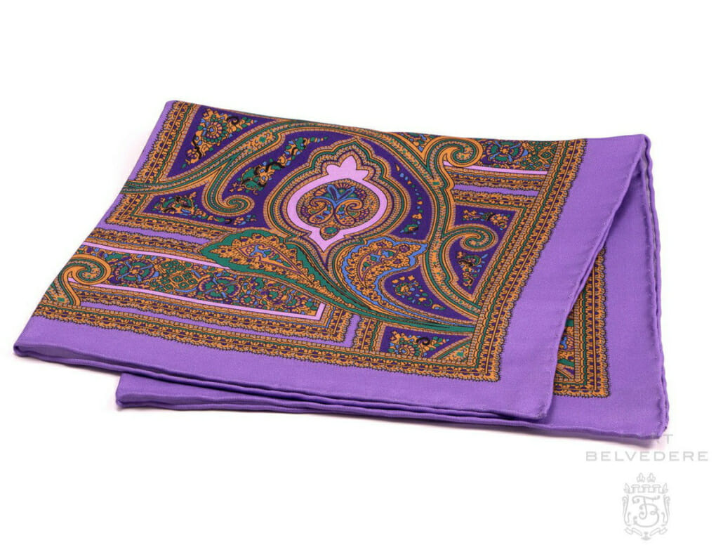Silk Pocket Square in Light Purple Violet with Green Paisley - Fort Belvedere