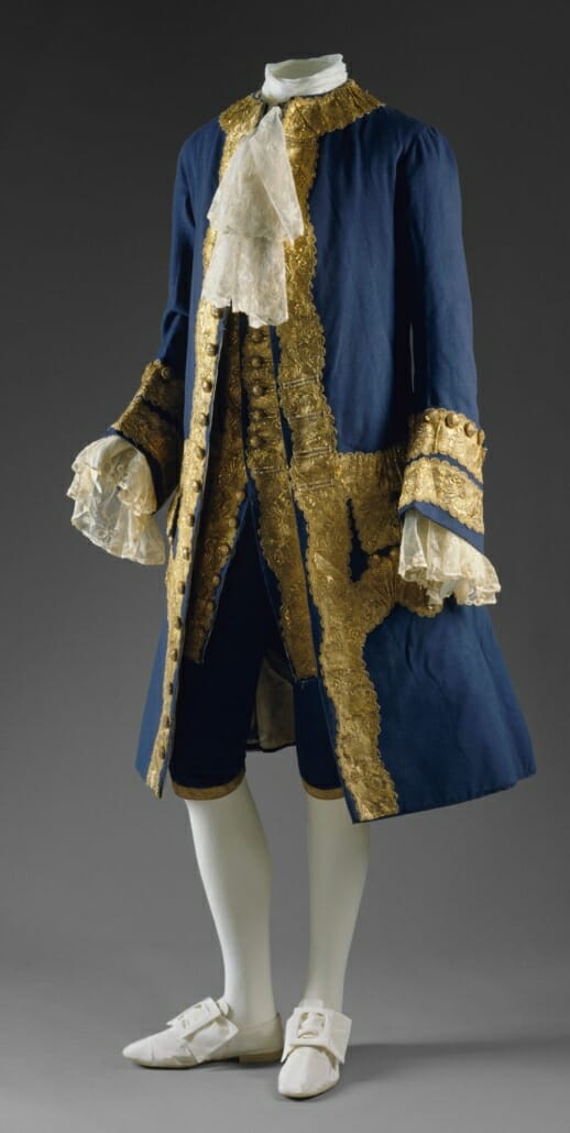 An example of the aristocratic finery typical in Europe prior to the French Revolution; here, a British ensemble from the 1760s.