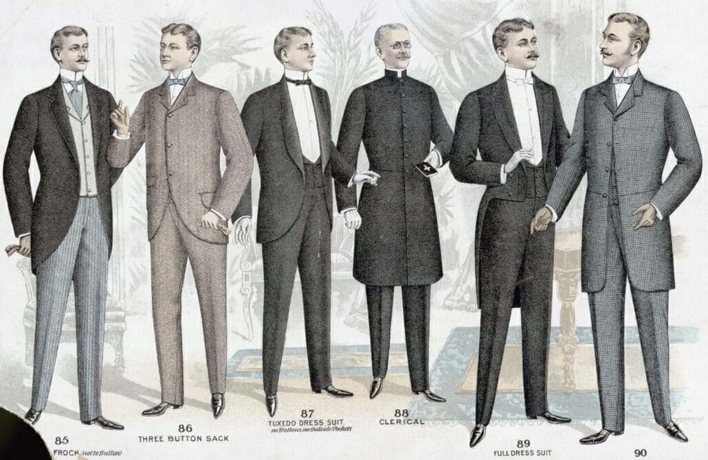 Several styles of dress in the 1890s, including morning dress, black tie, white tie, lounge suits, and clerical attire. The new dinner jacket style can be seen second from left.