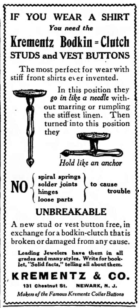 Period advertisement for the Krementz Bodkin brand of stud and vest buttons featuring a toggle  