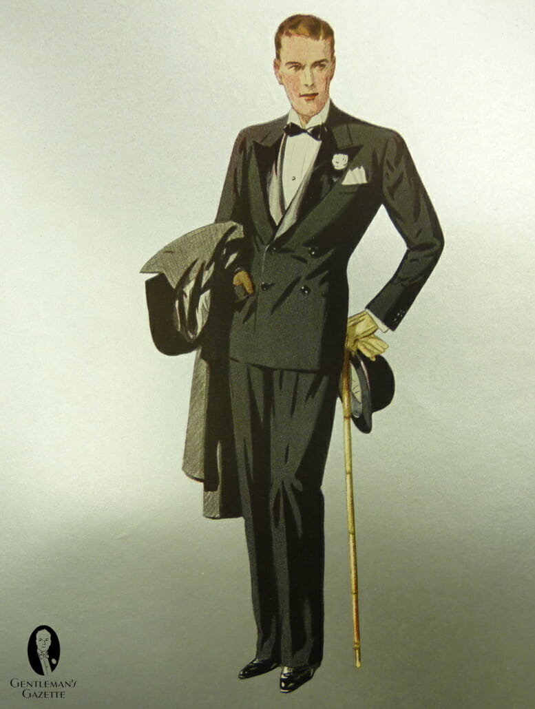 1930 DB Tuxedo with Satin laepls, evening ovcoat, cane, boutonniere, Homburg hat and gloves