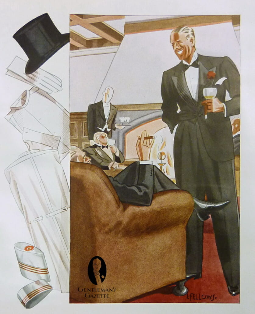 1930s Gentleman's Club Black Tie Tuxedo with wide grosgrain face lapels and evening waistcoat, boutonniere and wing collar - by Laurence Fellows