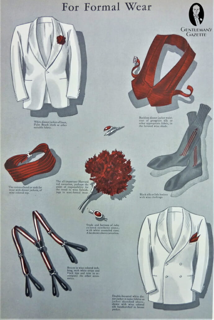 This illustration from a 1934 issue of Apparel Arts underscores how well accessories in burgundy pair with warm-weather black tie.