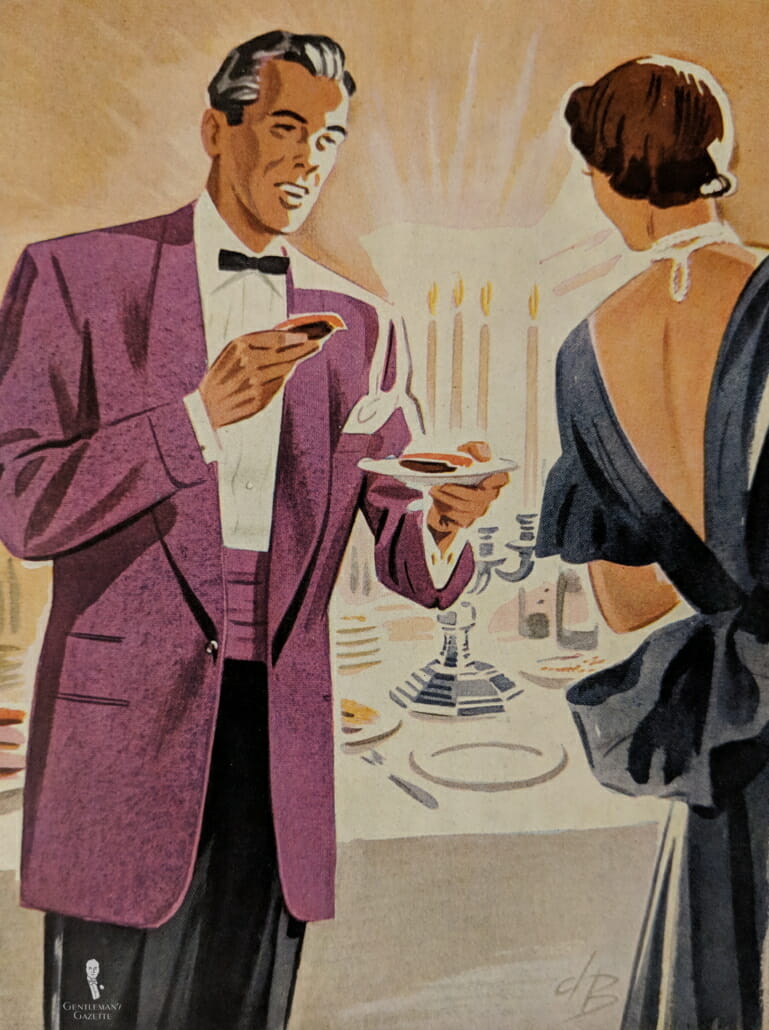 1950s Dinner Jacket in purple with matching cummerbund and thin bow tie - note the cuffs