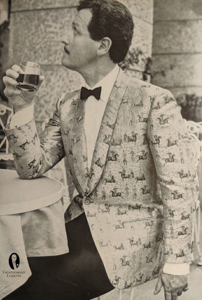 1960s bold silk horse pattern dinner jacket with shawl collar