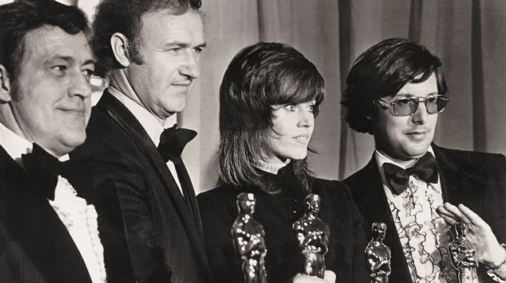1972 Phil D'Antoni, Gene Hackman, Jane Fonda and William Friedkin - note bow ties size and ruffled shirts