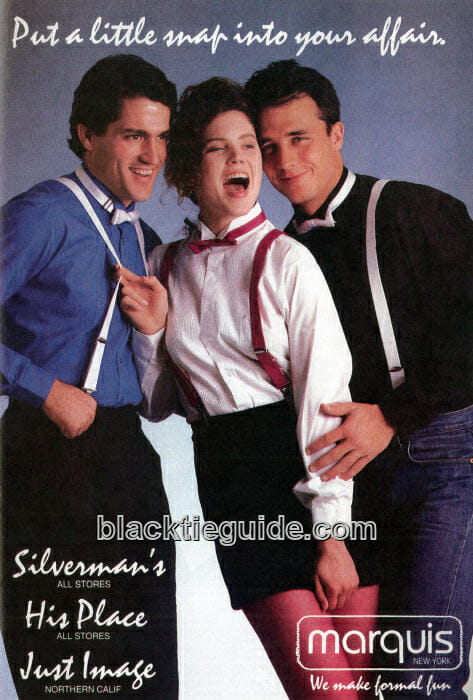 Marquis Ad from 1987 showing tiny bow tie s with shirts, suspenders and jeans