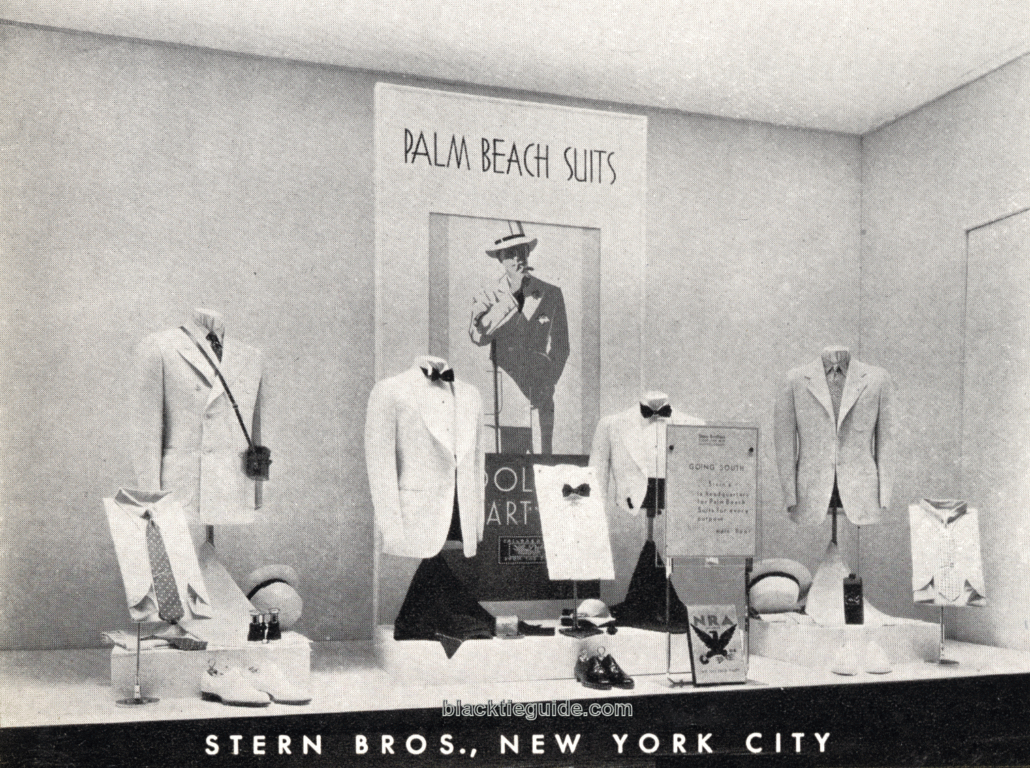 Actual New York store display featuring a mess jacket and white dinner jacket made of Palm Beach material.