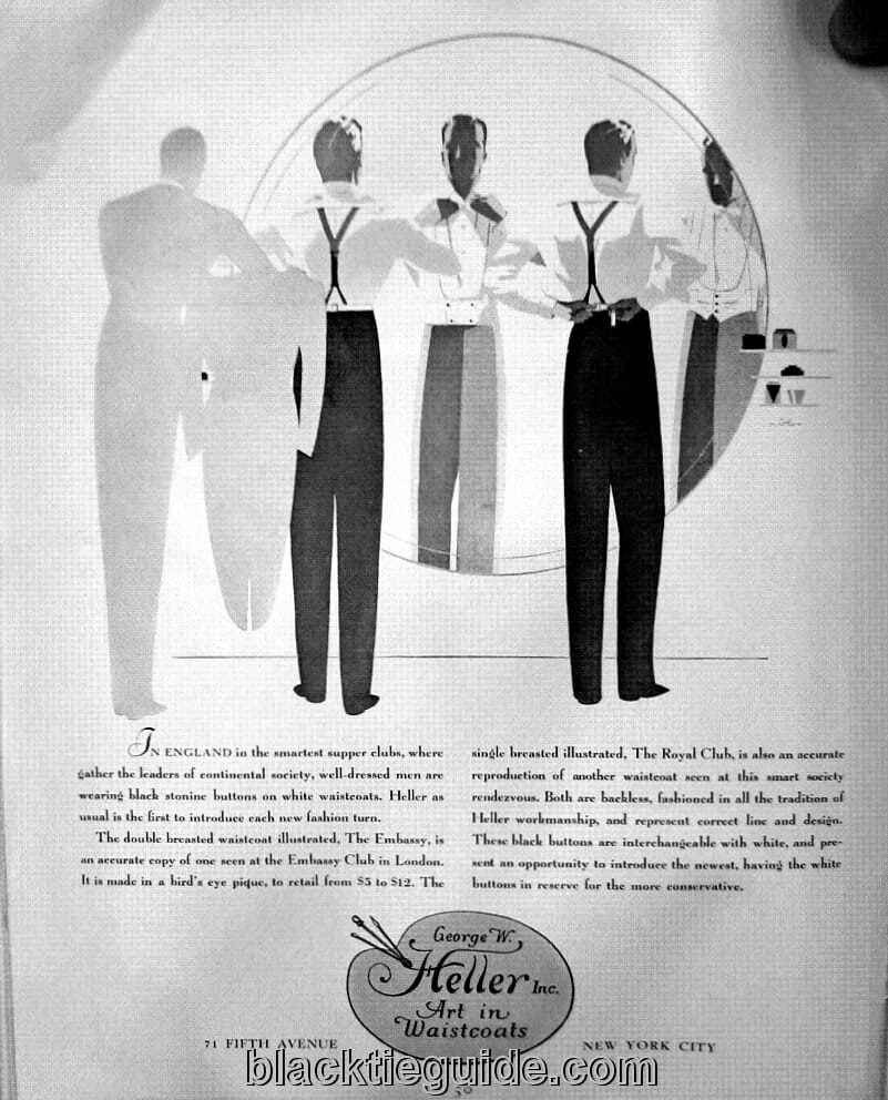 Ad for black-buttoned waistcoats named after the club where the Prince of Wales debuted the style.