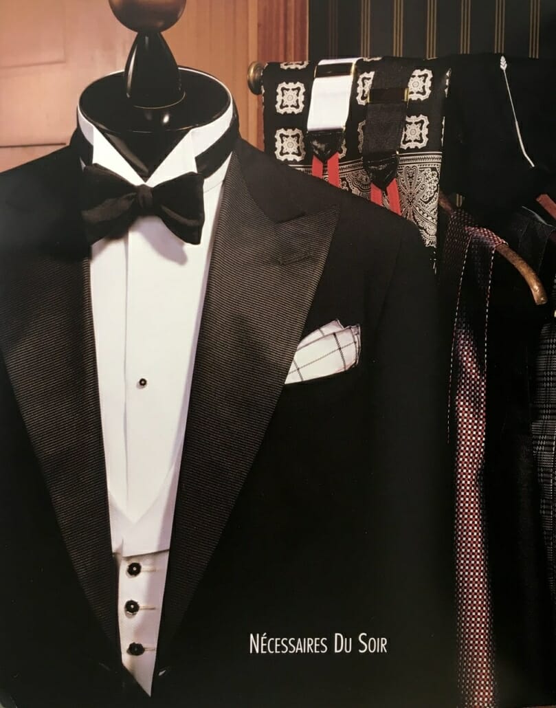 Alan Flusser designed Black Tie ensemble - note the single stud shirt with white tie waistcoat with removable decorative buttons and a grosgrain silk lapel